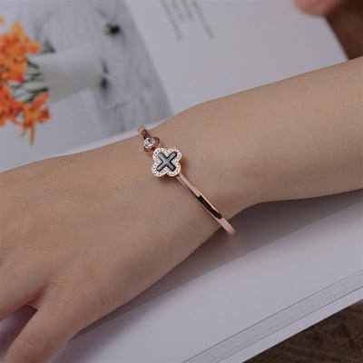 Picture of Metal Titanium Steel Bangle Rose Leaf Clover Charm Opened Cuff Bangle Bracelet for birthday gift