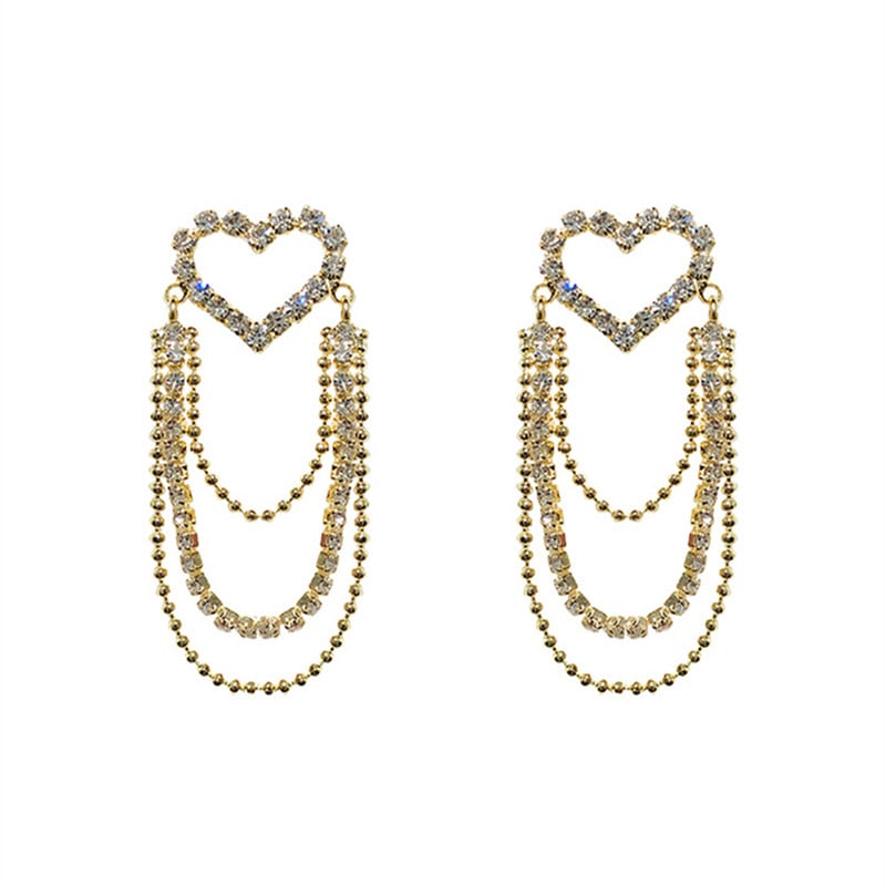 Picture of Korea Cute Shiny Zircone Hollow Heart Long Tassel Earrings for Women Girls Luxury Crystal Stud Earrings Jewelry Gifts - Kaner Dul