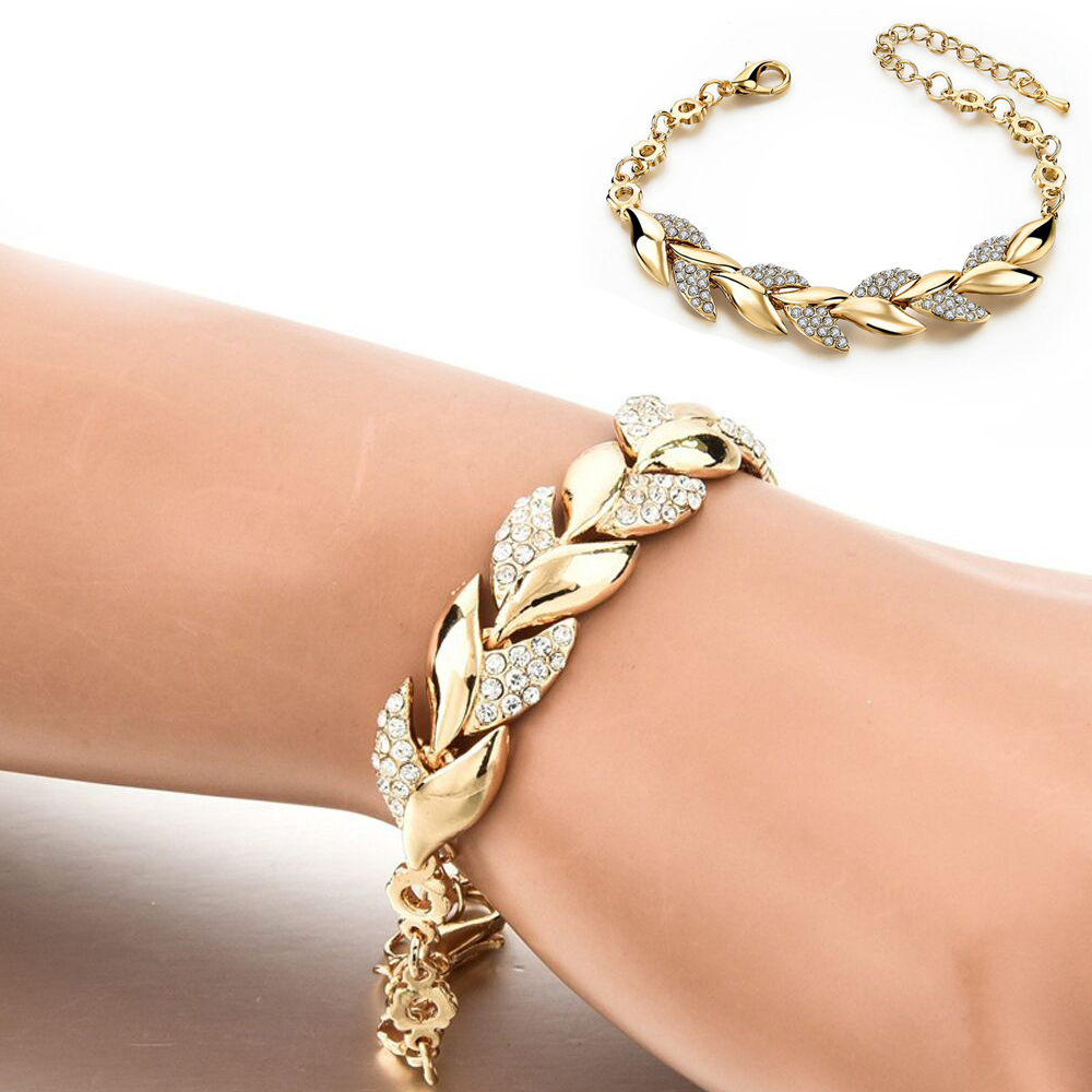 Picture of Bohemian Style Women Girls Bracelet Rhinestone Leaves Chain Bangle Luxury Wedding Jewelry