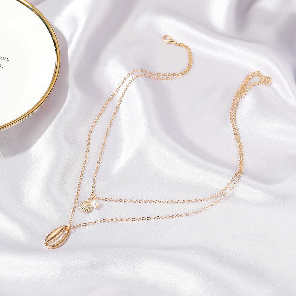Picture of Bohemian Sea Shell Pendant Chokers Necklaces Multi Layer Cowrie Shell Choker Necklace Dainty Chain Jewelry