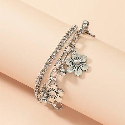 Picture of Flower Bracelet Anklet Woman Layered Bracelets Ladies Round Hollow Fashion Simplicity Chain Punk Silver Color Zinc Alloy Brincos