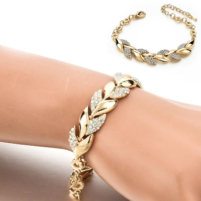 Picture of Bohemian Style Women Girls  Bracelet Rhinestone Leaves Chain Bangle Luxury Wedding Jewelry Simple Fashion Elegant