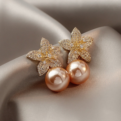 Picture of Rose Gold Flower Dangle Earrings for Women Silver Needle Full Rhinestone Flower Earrings 2022 Korean Fashion Cute Jewelry - Ear Ring