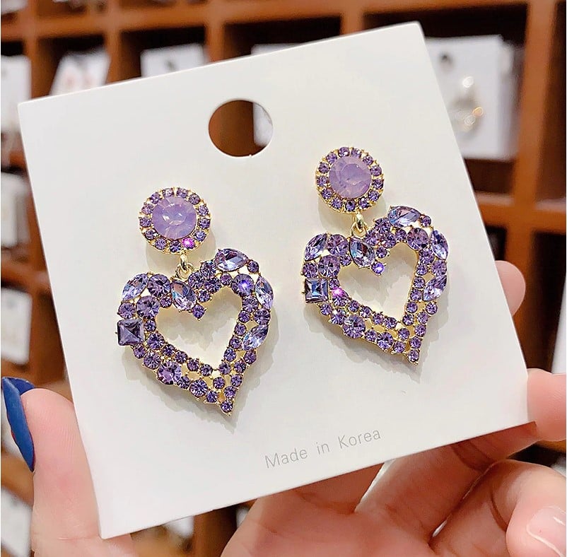 Picture of Aensoa Fashion Korean Heart Rhinestone Drop Earrings For Women 2021 Shiny Geometry Statement Earrings Party Jewelry New Gift - Ear Ring