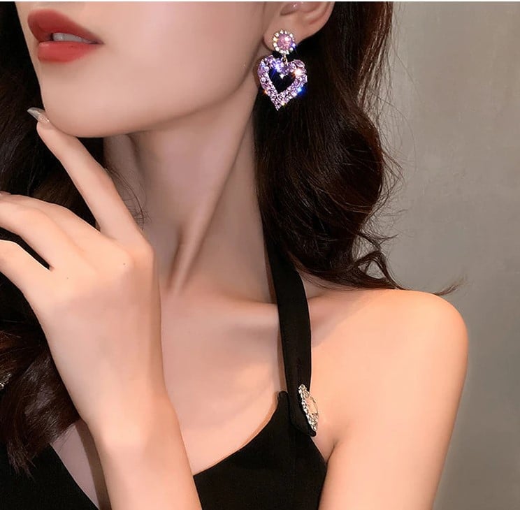 Picture of Aensoa Fashion Korean Heart Rhinestone Drop Earrings For Women 2021 Shiny Geometry Statement Earrings Party Jewelry New Gift - Ear Ring