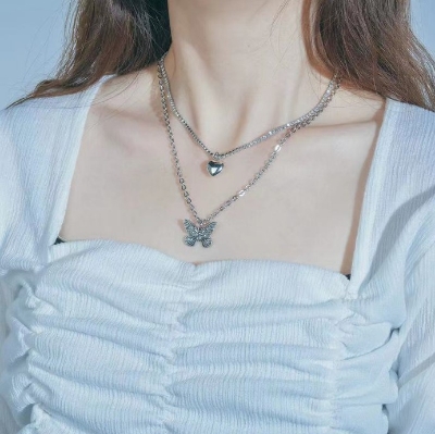 Picture of 2022 Women Men Necklace Heart Butterfly Necklace Silver Crystal Rhinestones Pendant For Girls Gift
