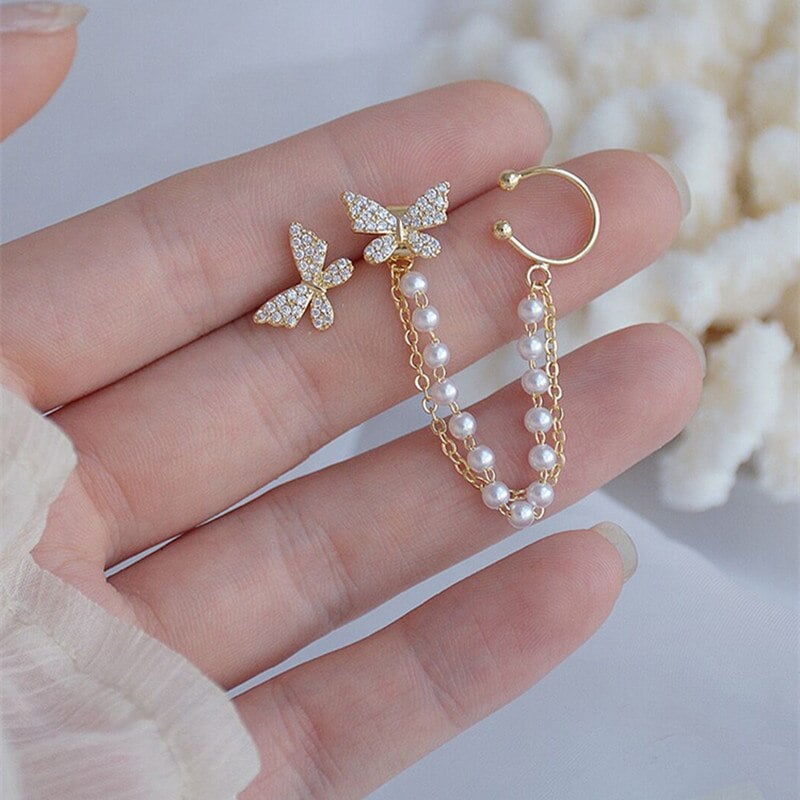 Picture of Ladies Fashion Rhinestone Butterfly  Chain Earrings Punk Personality All-match Exquisite Asymmetrical Ear Clip Jewelry