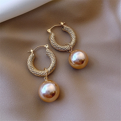 Picture of Korean New Trendy Metal Circle Big Simulated Pearl Ball Drop Earrings For Women Fashion Jewelry - Ear Ring - Ear Ring