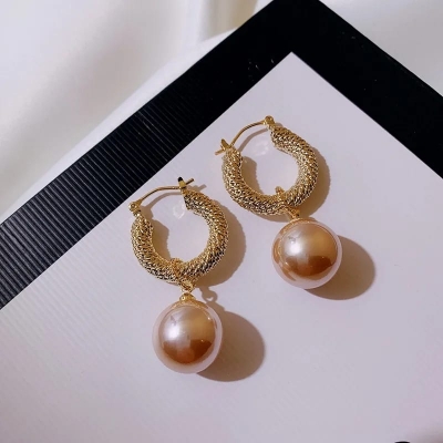 Picture of Korean New Trendy Metal Circle Big Simulated Pearl Ball Drop Earrings For Women Fashion Jewelry - Ear Ring - Ear Ring