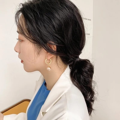 Picture of Korean New Trendy Metal Circle Big Simulated Pearl Ball Drop Earrings For Women Fashion Jewelry - Ear Ring - Ear Ring