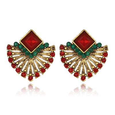 Picture of Ethnic Vintage Zircon Earrings Bohemia Fan-shaped Red Green Crystal Stud Earrings For Women New Earing Earings Jewelry Kolczyki