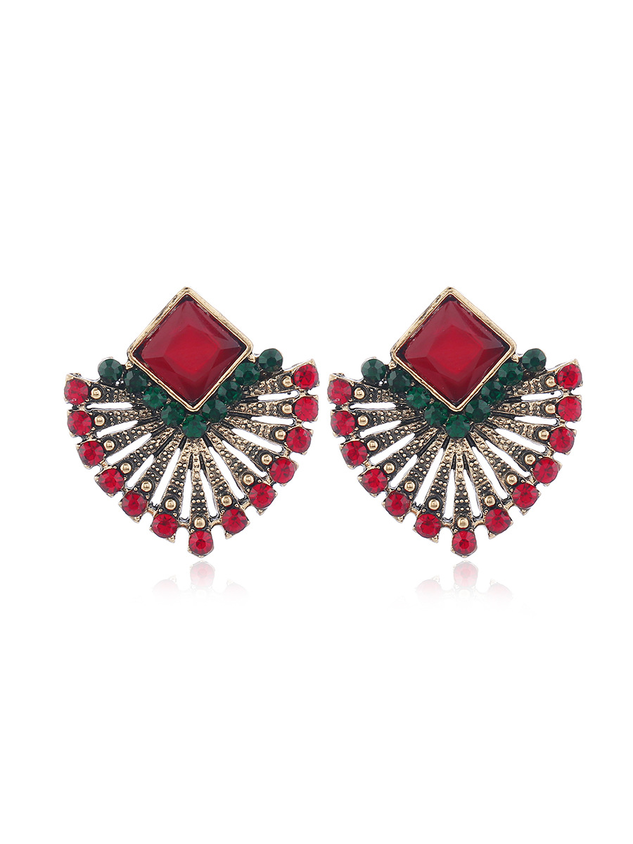 Picture of Ethnic Vintage Zircon Earrings Bohemia Fan-shaped Red Green Crystal Stud Earrings For Women New Earing Earings Jewelry Kolczyki