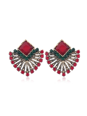 Picture of Ethnic Vintage Zircon Earrings Bohemia Fan-shaped Red Green Crystal Stud Earrings For Women New Earing Earings Jewelry Kolczyki