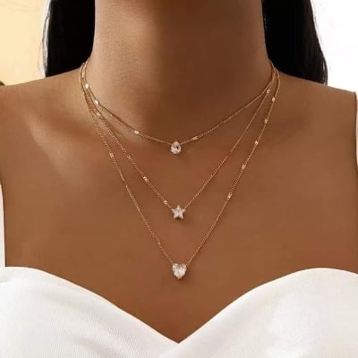 Picture of Gold plated Bohemian Long Pendant Necklaces Lady Vintage Simple Multi-layer Pentagram Love Water Necklace Statement Jewelry for Women Gift