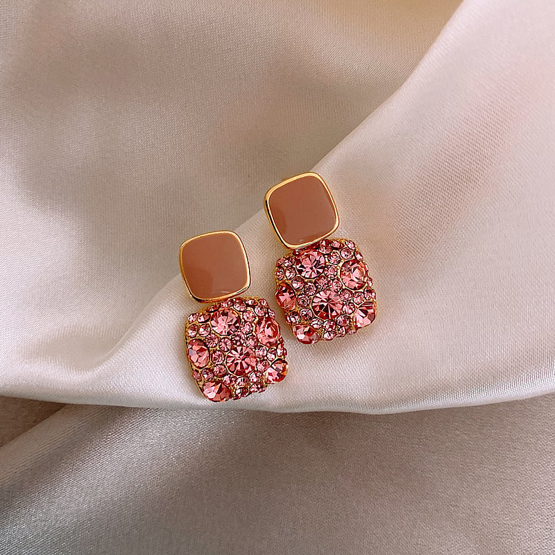 Picture of Luxury Female Crystal Zircon Stone Earrings Purple-Pink-Black-White Fashion Silver Color Jewelry Vintage Double Stud Earrings For Women