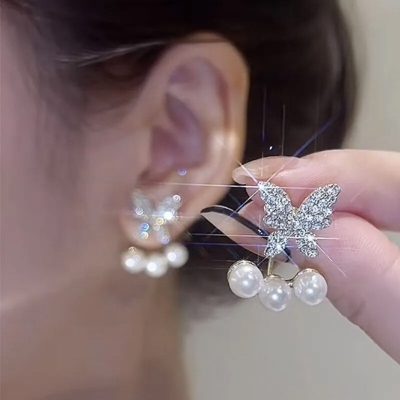 Picture of New Elegant Crystal Butterfly Back Hanging Earrings Korean Fashion Jewelry for Woman Girls Accessories