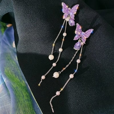 Picture of Korean Purple Crystal Butterfly Drop Earring For Women New Fashion Imitation  Tassel Chain Rhinestone Earring Jewelry Gift