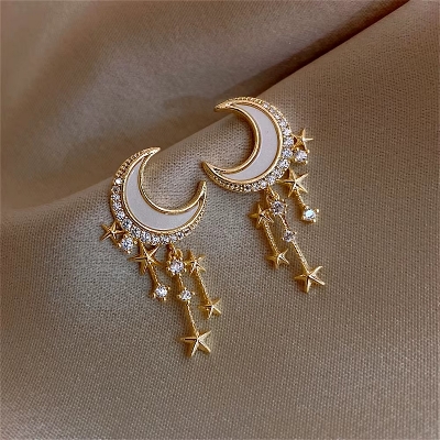 Picture of Fashion Classic Geometric Women Girls Dangle Earrings Asymmetric Earrings of Rhinestone Star and Moon Tassel Party Jewelry Gifts for Bithday ,Party or any occassions