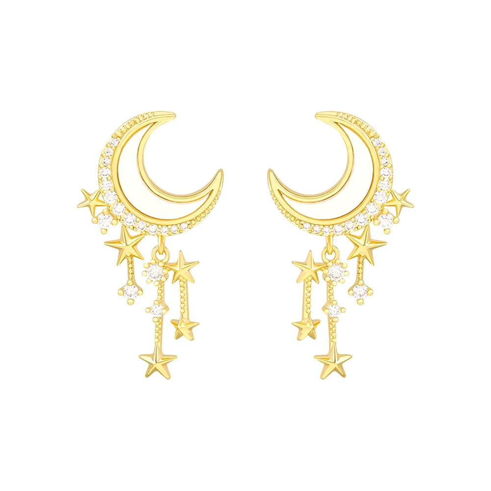 Picture of Fashion Classic Geometric Women Girls Dangle Earrings Asymmetric Earrings of Rhinestone Star and Moon Tassel Party Jewelry Gifts for Bithday ,Party or any occassions