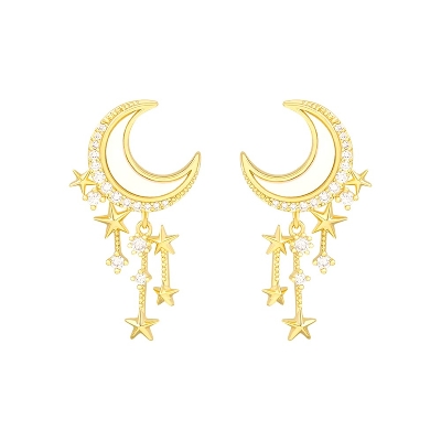 Picture of Fashion Classic Geometric Women Girls Dangle Earrings Asymmetric Earrings of Rhinestone Star and Moon Tassel Party Jewelry Gifts for Bithday ,Party or any occassions