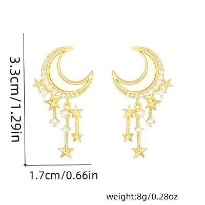 Picture of Fashion Classic Geometric Women Girls Dangle Earrings Asymmetric Earrings of Rhinestone Star and Moon Tassel Party Jewelry Gifts for Bithday ,Party or any occassions
