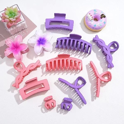 Picture of 6 pcs ornament shark clip set pink and purple series grab clip set, hair ornament shark clip for girls and women