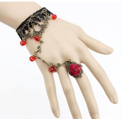 Picture of Fashion Indian Thai Golden Finger Bracelet Shining Red Crystal Girl's Belly Dance Bracelet Jewelry
