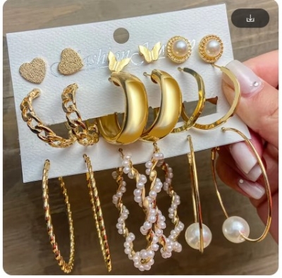Picture of 9Pcs Geometric Hoop Earrings Set for Women Pearl Round Twisted Heavy Metal Earrings Hepburn Style Vintage Pearl Fashion Jewelry