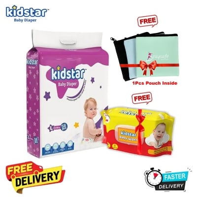 Picture of Kidstar Ultra Soft Baby Belt Diaper Large 56pcs 9-18 KG for Kids Dryness, Safety and Comfort (Kidstar Baby Wipes (Pouch) 120 Pcs - Free)