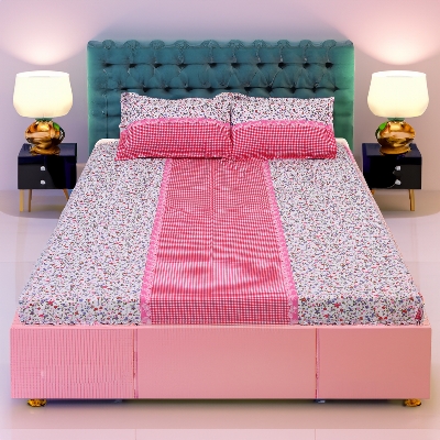 Picture of Cotton Multicolor Double King Size Flat Bed Sheet Set (7.5 by 8.5 Feet) with Two Pillow Covers - Easy Maintainance- 300 Thread Count- Hand Washable