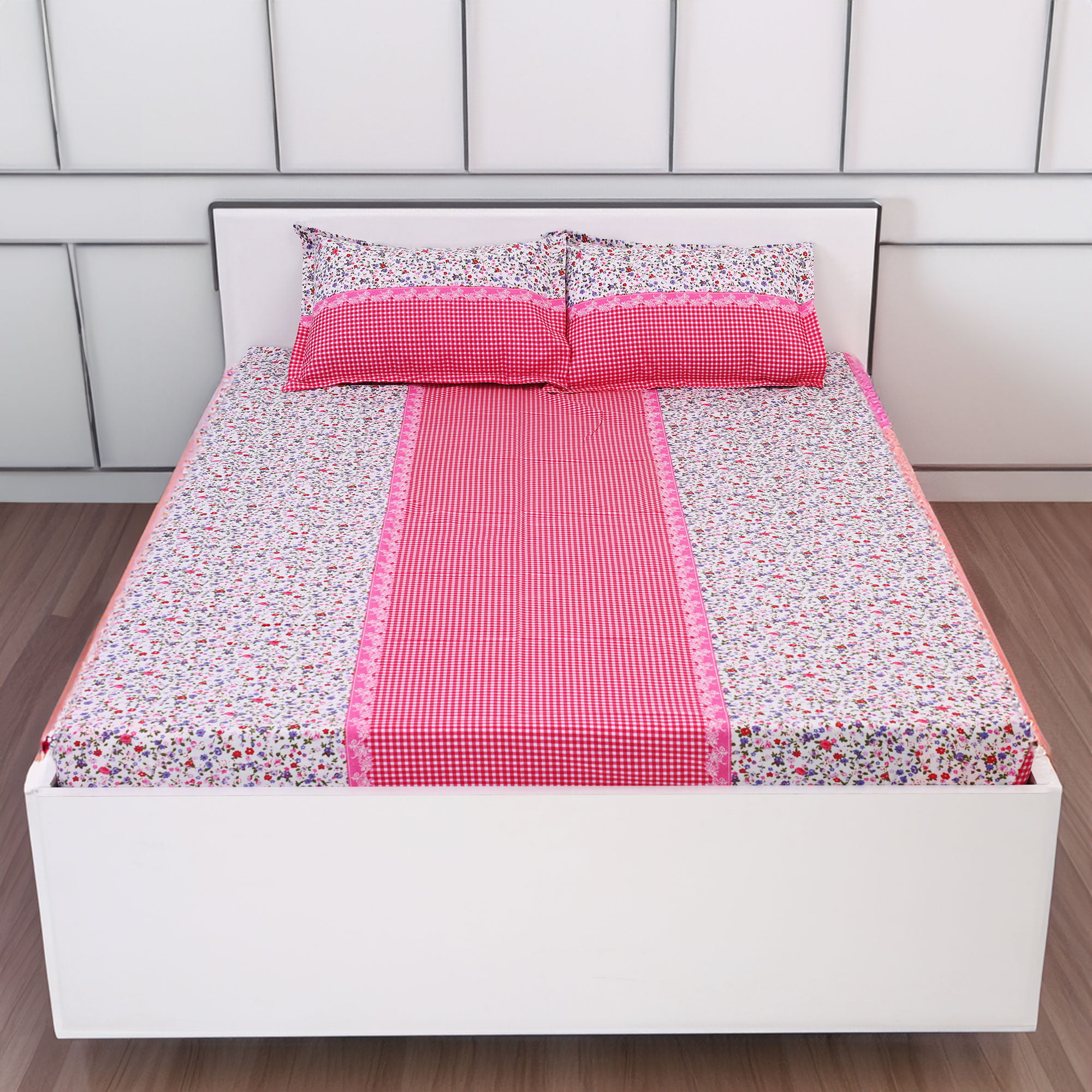 Picture of Cotton Multicolor Double King Size Flat Bed Sheet Set (7.5 by 8.5 Feet) with Two Pillow Covers - Easy Maintainance- 300 Thread Count- Hand Washable