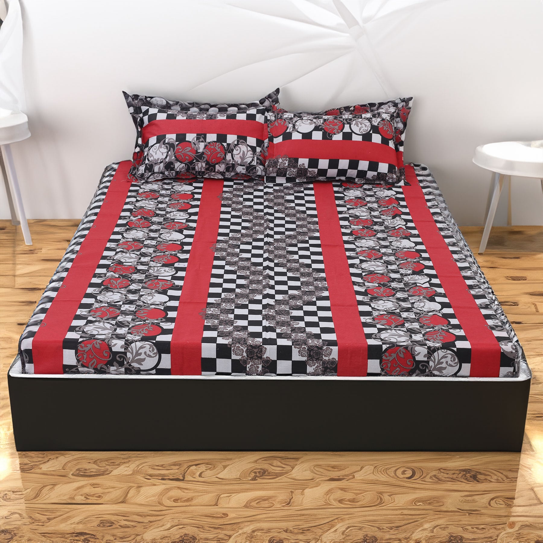 Picture of Cotton Multicolor Double King Size Flat Bed Sheet Set (7.5 by 8.5 Feet) with Two Pillow Covers - Easy Maintainance- 300 Thread Count- Hand Washable