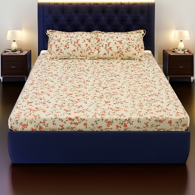 Picture of Cotton Multicolor Double King Size Flat Bed Sheet Set (7.5 by 8.5 Feet) with Two Pillow Covers - Easy Maintainance- 300 Thread Count- Hand Washable