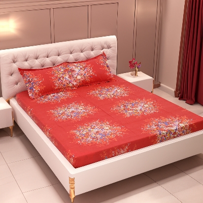 Picture of Cotton Multicolor Double King Size Flat Bed Sheet Set (7.5 by 8.5 Feet) with Two Pillow Covers - Easy Maintainance- 300 Thread Count- Hand Washable
