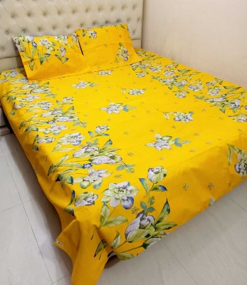 Picture of Double Size Flat Cotton Multicolor (Ash & White Floral Print) Bed Sheet Set - Two Pillow Covers Included- 300 Thread Count- Hand Washable