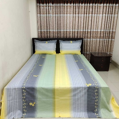 Picture of Double Size Flat Cotton Multicolor (Ash & White Floral Print) Bed Sheet Set - Two Pillow Covers Included- 300 Thread Count- Hand Washable
