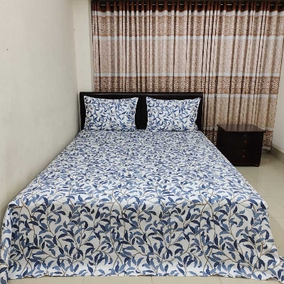 Picture of Double Size Flat Cotton Multicolor (Ash & White Floral Print) Bed Sheet Set - Two Pillow Covers Included- 300 Thread Count- Hand Washable