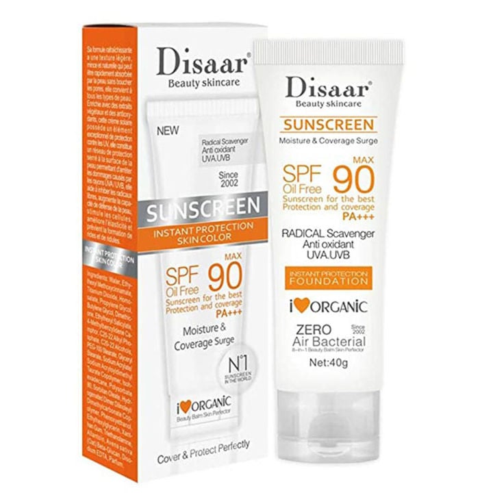 Picture of Disaar Sunscreen SPF 90 Instant Protection UVA UVB Foundation PA+++ Oil Free Sunblock Cover Protect Perfectly Moisturizing Coverage Surge -40gm