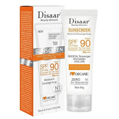 Picture of Disaar Sunscreen SPF 90 Instant Protection UVA UVB Foundation PA+++ Oil Free Sunblock Cover Protect Perfectly Moisturizing Coverage Surge -40gm