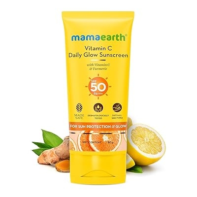 Picture of Mamaearth Vitamin C Daily Glow Sunscreen with Vitamin C & Turmeric for Sun Protection & Glow - 50 g | SPF 50 PA++++ | No White Cast | Lightweight & Non-Sticky | Brightens Skin | For All Skin Types