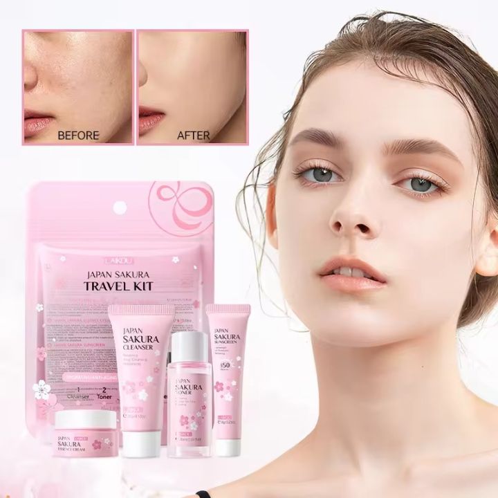 Picture of LAIKOU Sakura Skin Care Set Eye Cream Serum Essence Cream Whitening Moisturizing Anti-aging Brightening 3pcs Face Care Sets