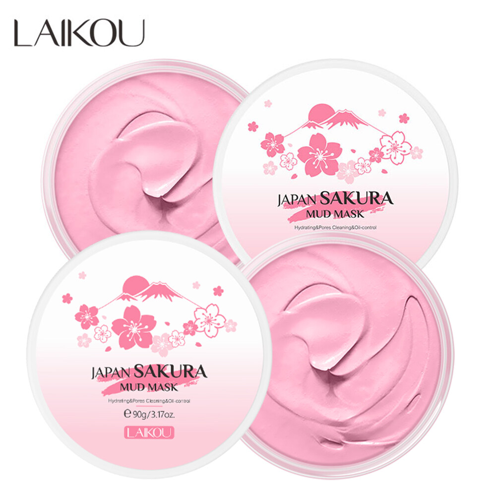 Picture of LAIKOU Japan Sakura Clay Mask Deep Cleansing Whitening Repair Skin Mud Korean Face Mask Oil Control Shrink Pores Skin Care 80g+Soft Silicone Facial Brush