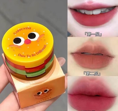 Picture of Butter Hamburger Lip Mud 3 in 1 Waterproof Velvet Red Brown Mousse Lipstick Set Cute Combo Tint Non-stick Cup Lips Makeup
