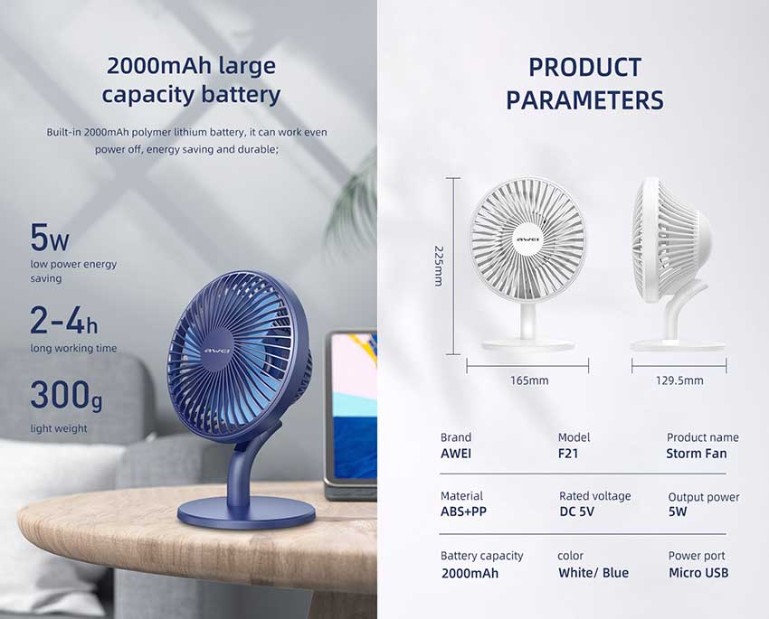 Picture of Awei F21 Mini Storm Rechargeable Adjustable Fan White