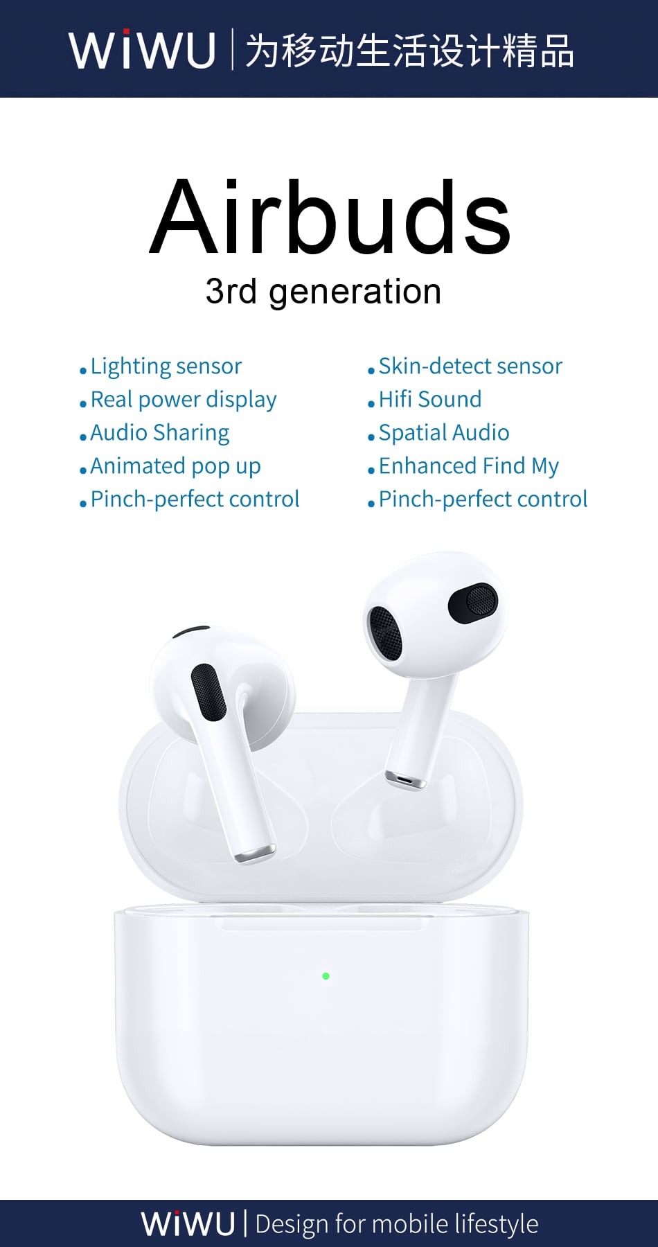 Picture of WiWU Airbuds 3 HF Sound Magsafe Charging With Silicone Case & 1M Lightning Cable - White White
