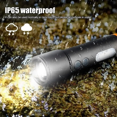Picture of Multi-Functional USB Torch Light Metal K57 | Rechargeable LED Flashlight for Camping, Hiking, Travel & Emergency Use - Black