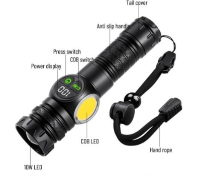 Picture of High Power LED Flashlight 10W COB LED Torch Rechargeable Super Power Torch Light - Black