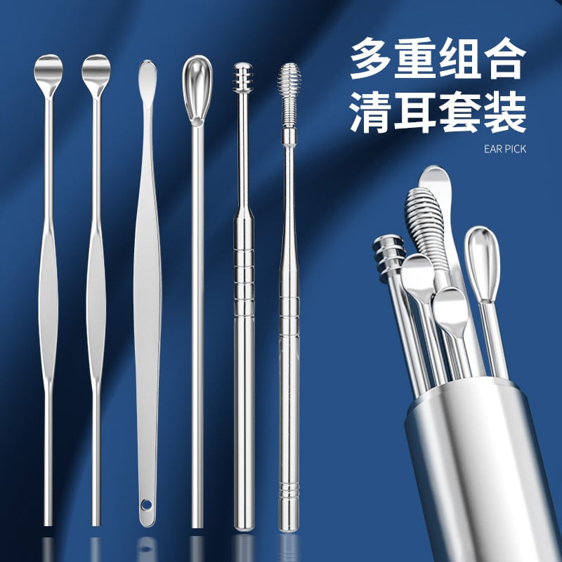 Picture of 6 Pcs Ear Wax Removal Tool Portable Stainless Steel Earwax Remover Cleaner Kit Earpick Spring Ear Wax Spoon Cleaning Set