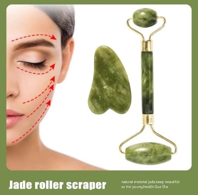 Picture of Green Natural Jade Massage Spa Rollers + Gua Sha Board Scrapers Set for face body relaxation anti-aging message