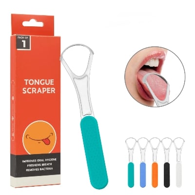 Picture of Double Layer Tongue Cleaner Tongue Scraper Reusable Stainless Steel Oral Mouth Brush Travel Case Gold Silver Non-slip Handle